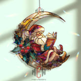 Santa Moon Acrylic Suncatcher, Stained Glass Style Christmas Decor, Santa Reading Ornament, Holiday Window Hanging Gift